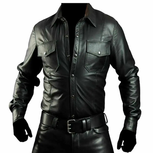 Men’s Police Officer Black Leather Shirt-0